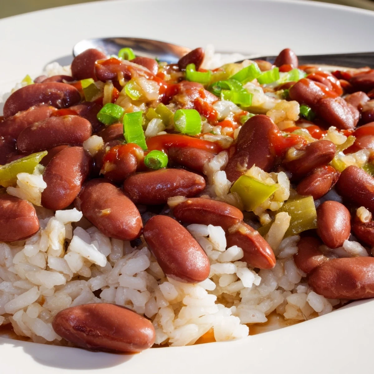 A hearty bowl of Cajun Red Beans and Rice topped with vibrant green onions.  
