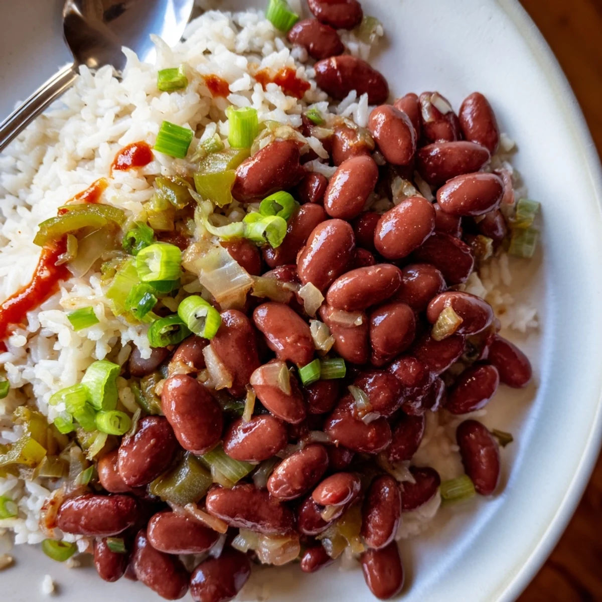 Comforting Cajun Red Beans and Rice with colorful bell peppers and rich spices.  