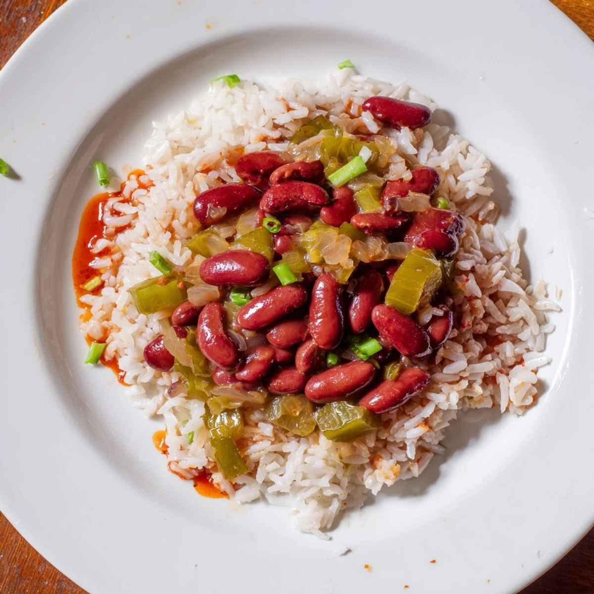 Savory Cajun Red Beans and Rice garnished with fresh herbs and hot sauce drizzle.