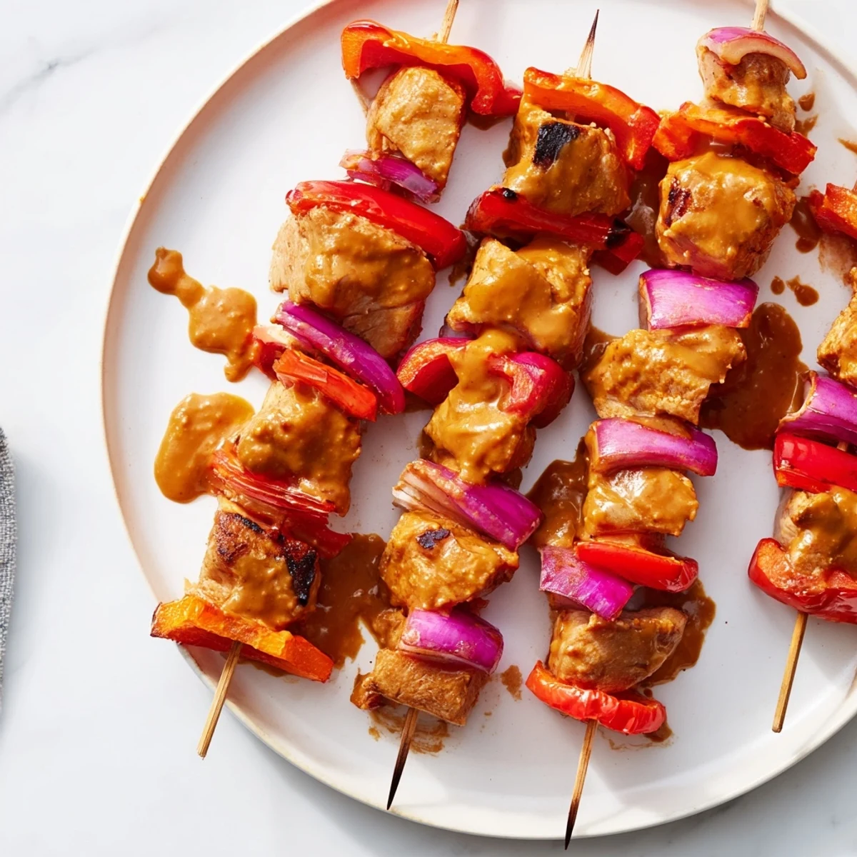 Juicy Thai Peanut Chicken Skewers drizzled with rich, spicy peanut sauce on a plate.  