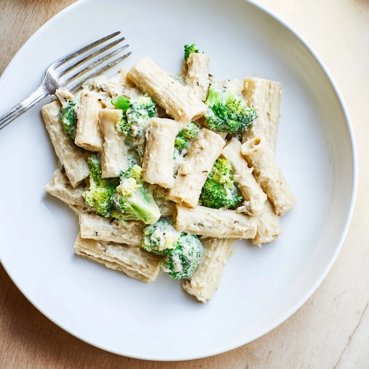 Savory vegan Broccoli & White Bean Alfredo garnished with fresh herbs and chili flakes.  