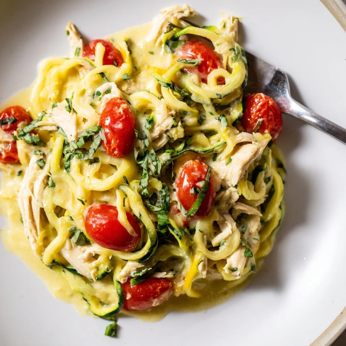 Delicious low-carb One-Pot Zucchini Noodle Alfredo featuring tender shredded chicken.  