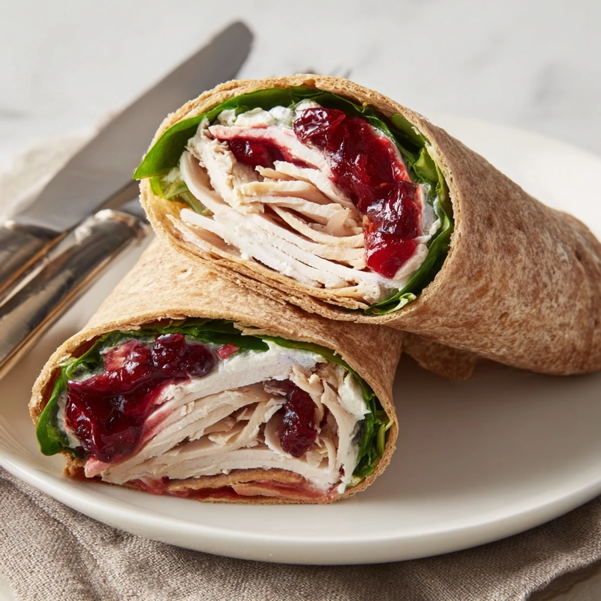 Savory turkey, cranberry, and cheese wraps filled with fresh spinach, perfect for leftovers.  