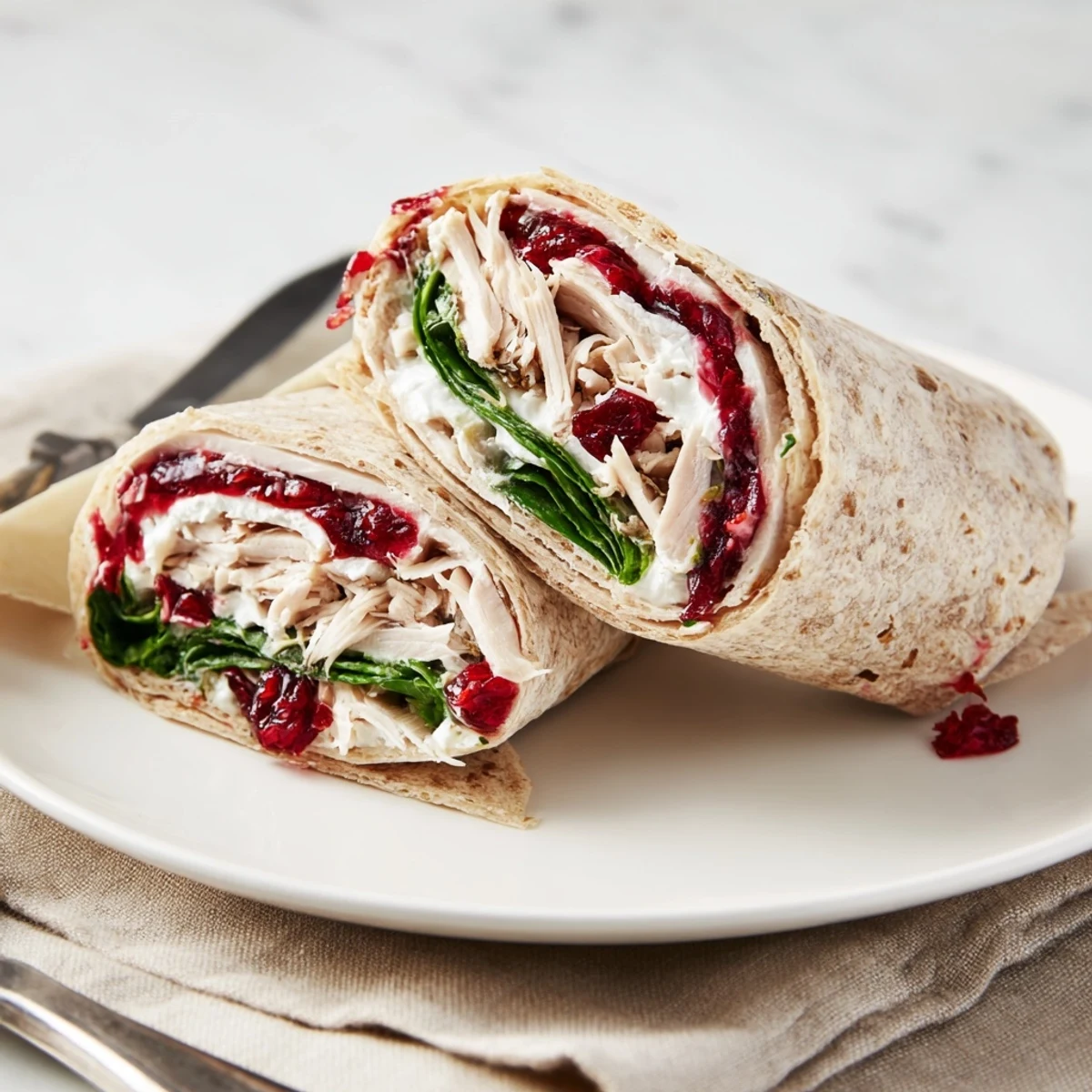 Colorful turkey, cranberry, and cream cheese wraps served with a side of apples.