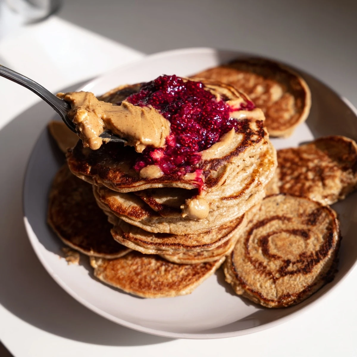 Golden brown Fitness Protein Pancakes served with fresh fruit compote for energy.
