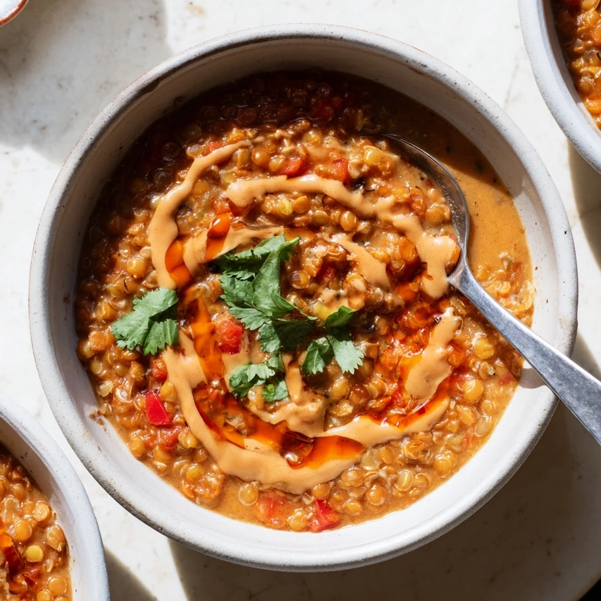 Creamy Thai Peanut Lentil Soup, hearty and vegan, garnished with fresh cilantro.  