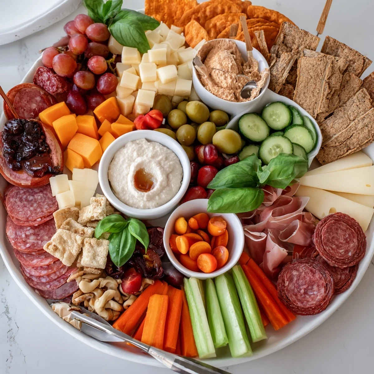 Creative girl dinner platter with fresh veggies, mixed nuts, and delicious cheeses.  