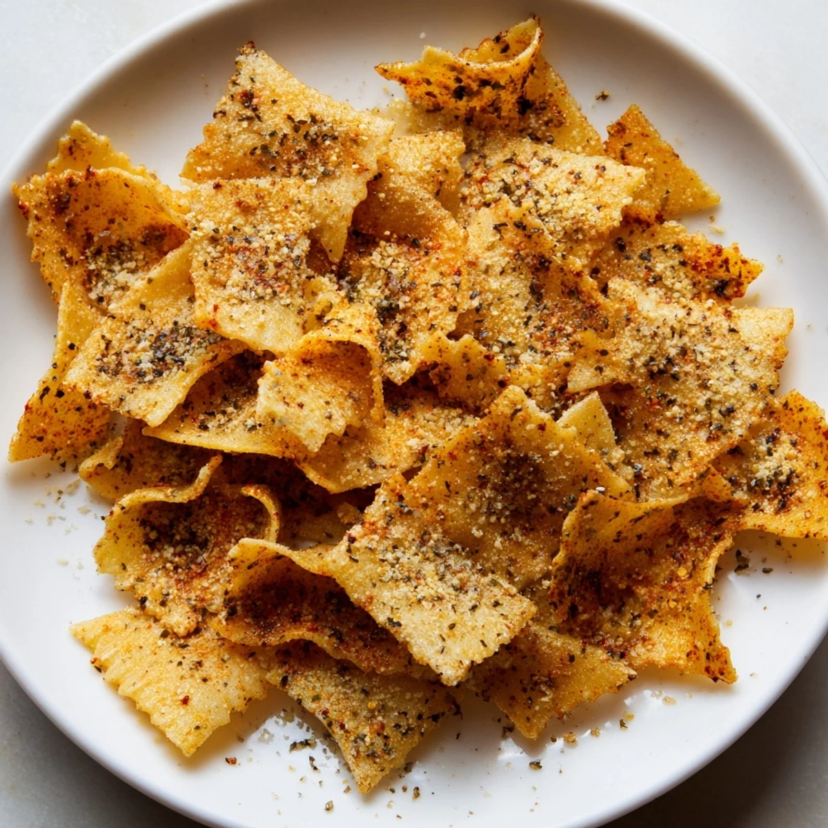 Crispy pasta chips seasoned variety, perfect for dipping or snacking delightfully.  