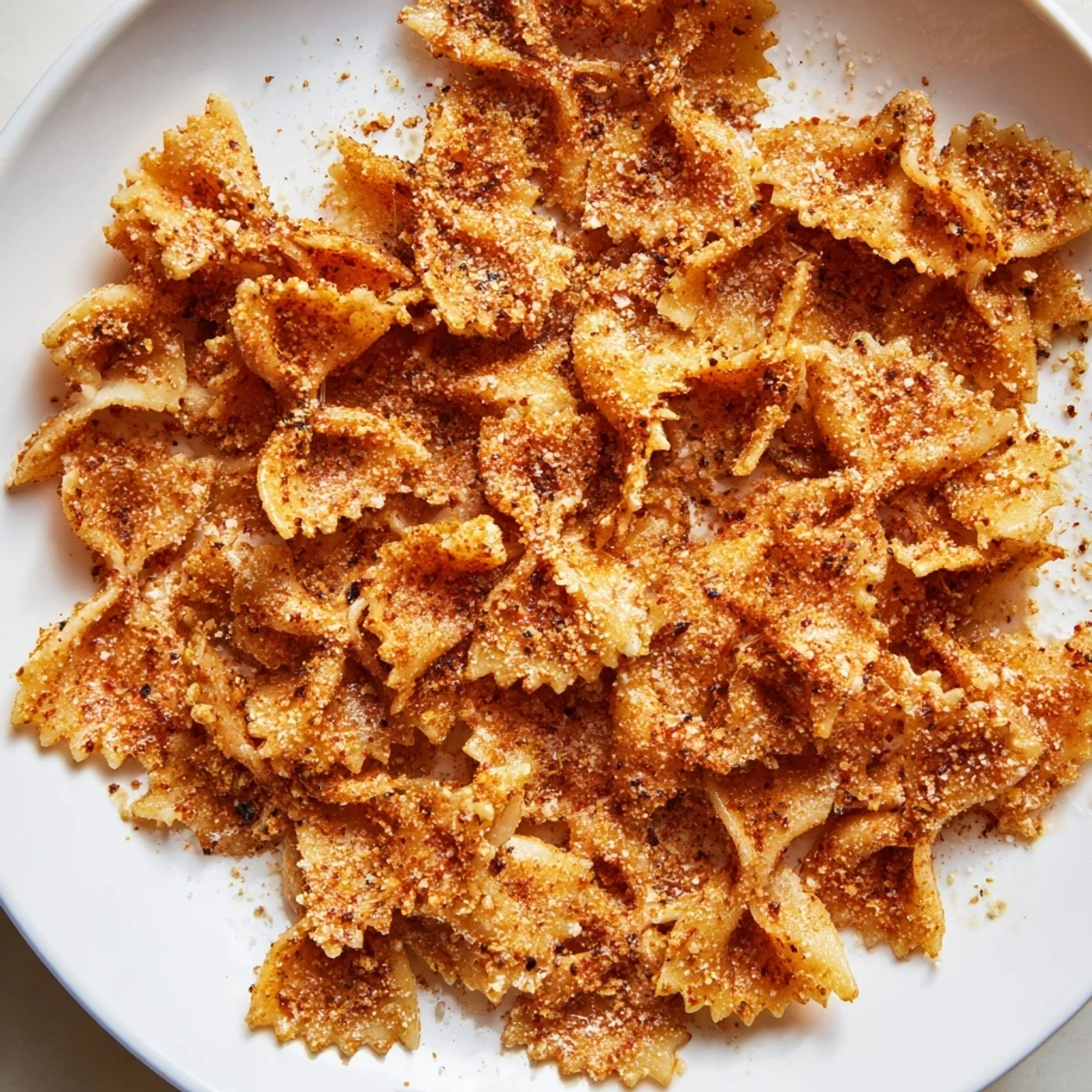 Colorful baked pasta chips seasoned with garlic and paprika, ready for sharing.  