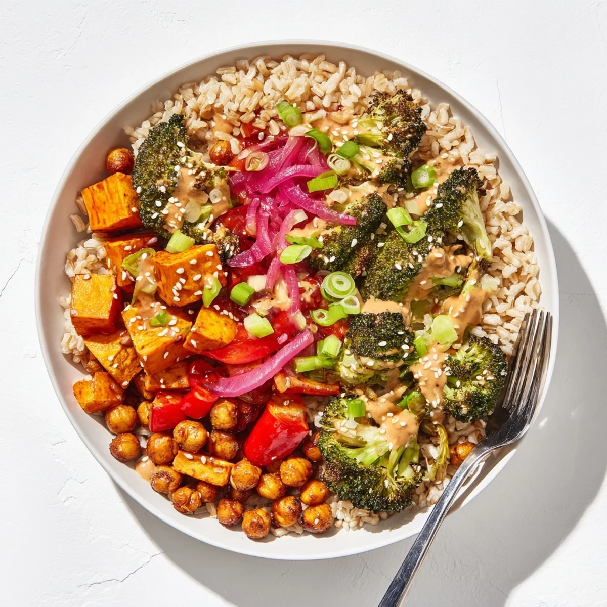 Vibrant Bold Sauce Drizzle Bowls topped with roasted veggies and zesty dressings.