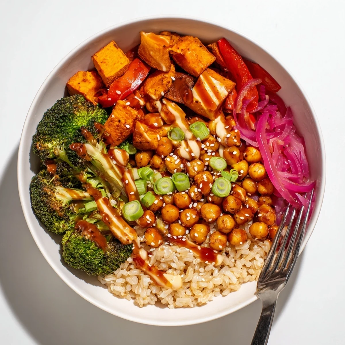 Colorful grain bowls showcasing miso-butter and gochujang-maple sauces for unique flavor.