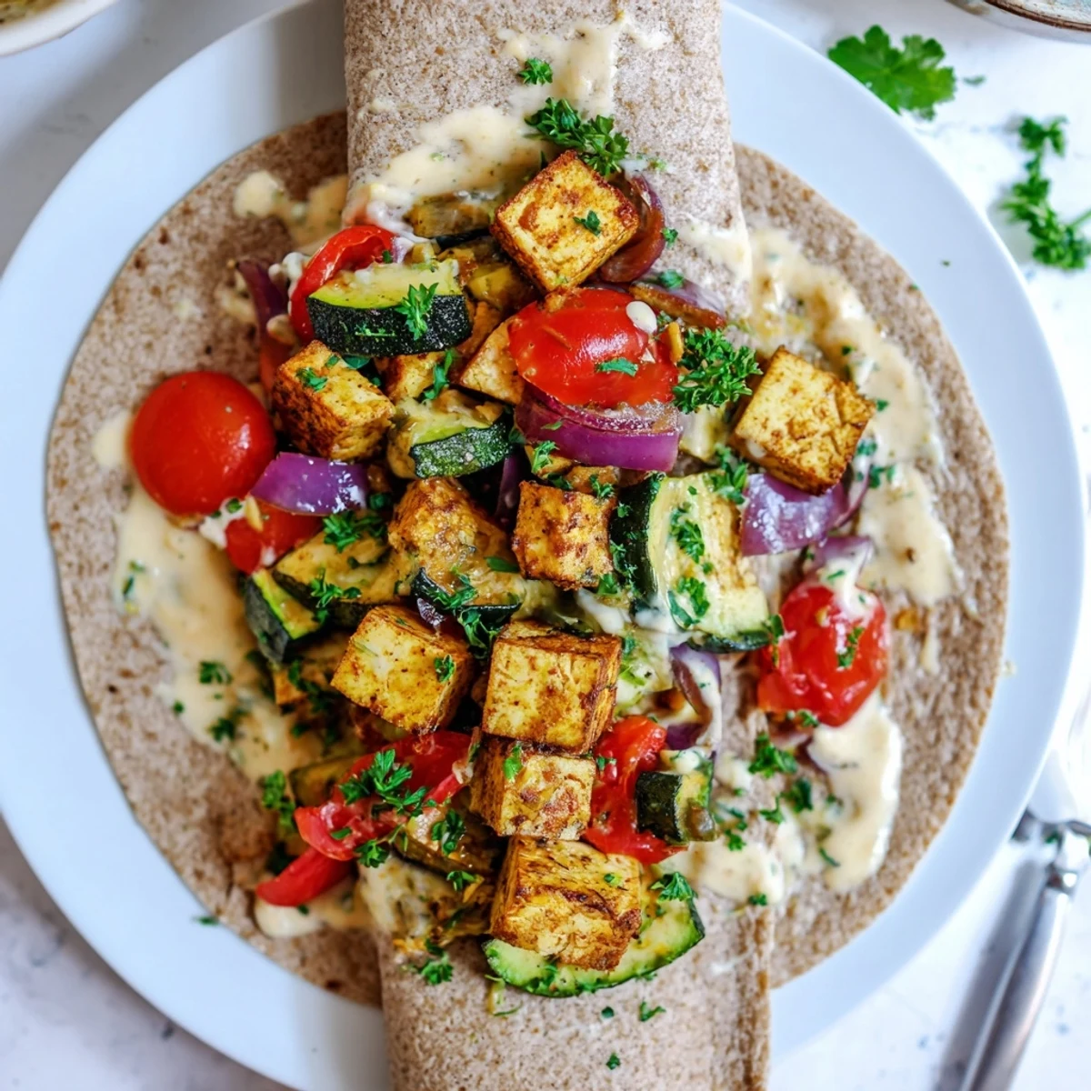 Delicious Vegan Viral Recipe Re-make with savory roasted vegetables and tahini sauce.  