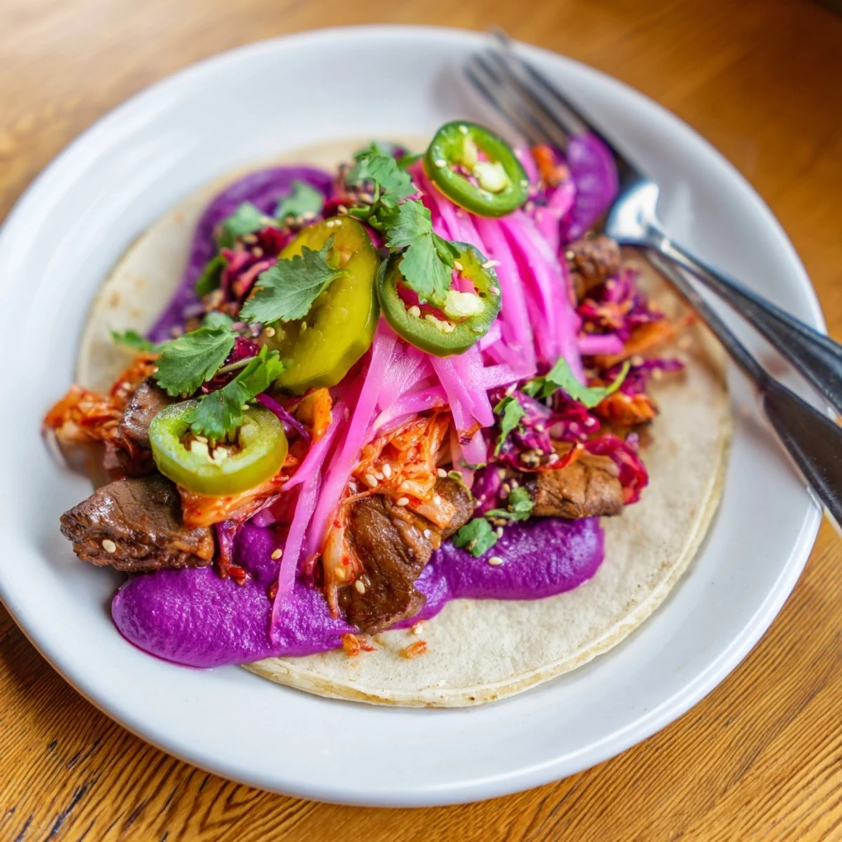 Vibrant Global Street-Food Fusion Tacos adorned with zesty toppings and creamy ube crema.  
