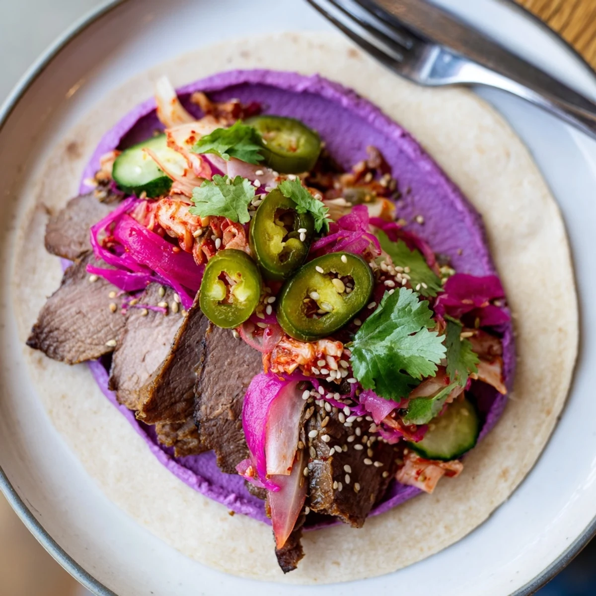 Savory Korean bulgogi tacos bursting with flavors and fresh colorful vegetables.  