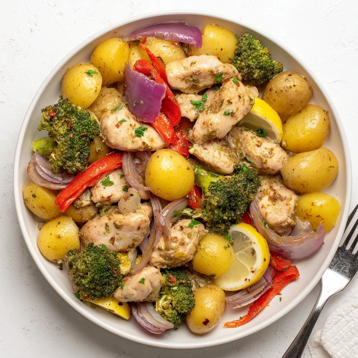 Juicy Lazy Gourmet Chicken & Vegetable One-Pot dish with vibrant bell peppers and broccoli.  