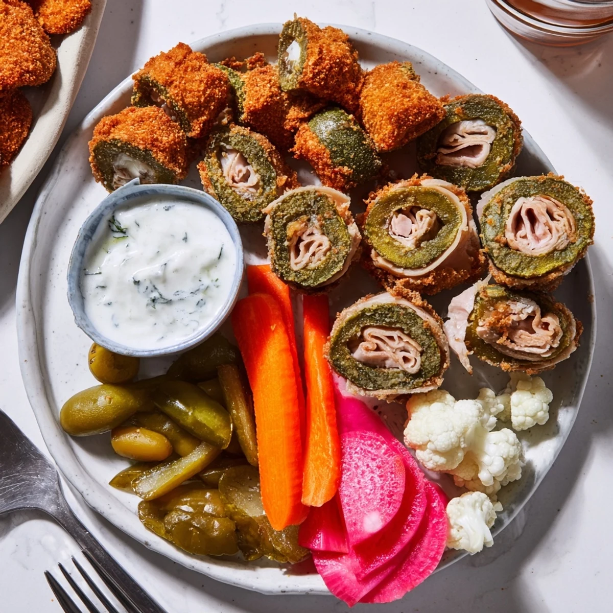 A delightful assortment of pickled vegetables accompanies the tangy Pickle Lovers Meal platter.