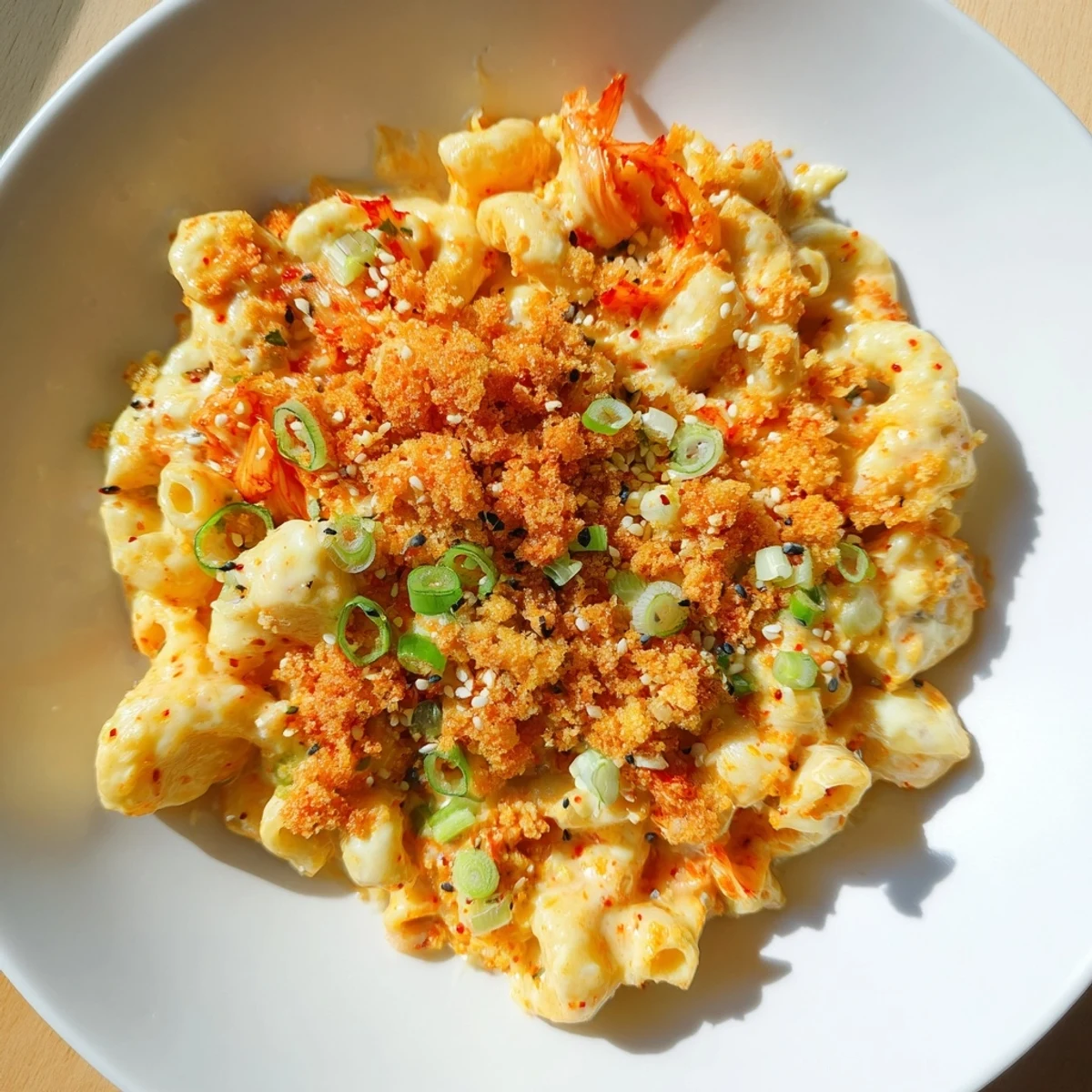 Creamy Spicy Kimchi Mac & Cheese topped with crunchy panko and sesame seeds.  