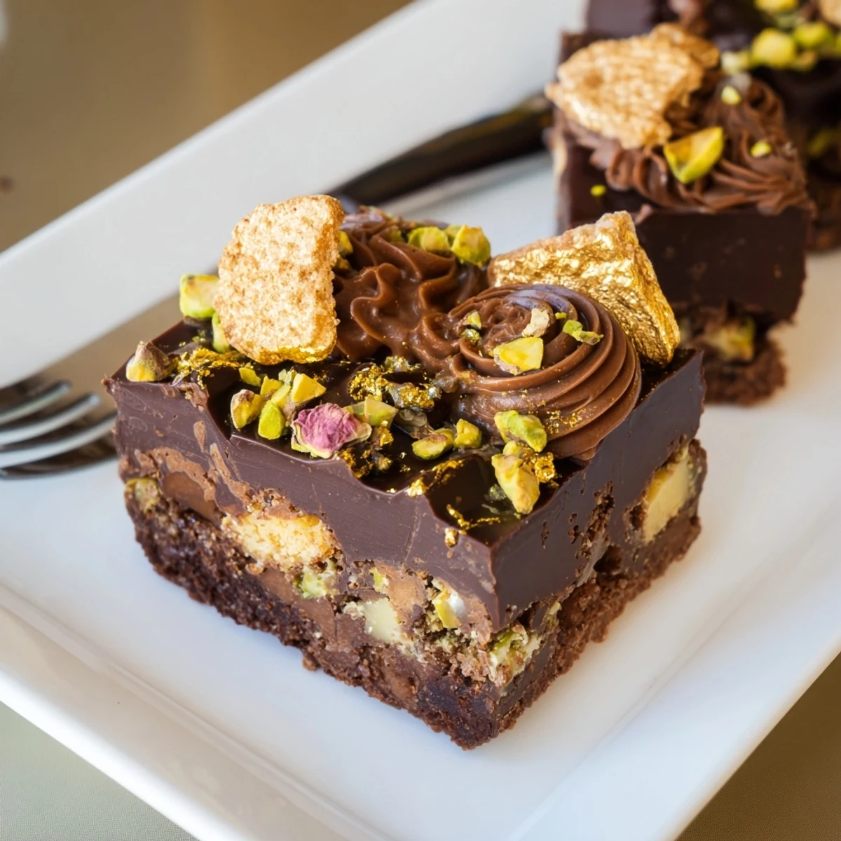 Decadent Chocolate Bar Inspired Creations layered with crunchy pistachios and spiced date caramel.