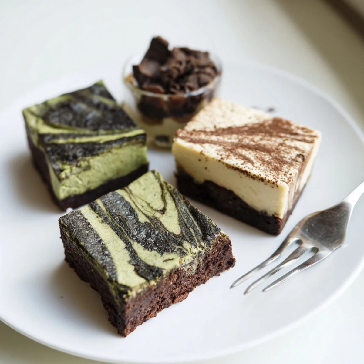 Decadent matcha-miso brownies topped with rich chocolate and a hint of saltiness.  