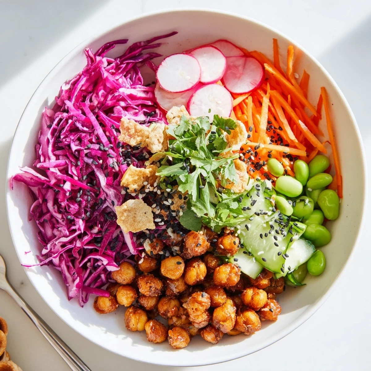 A colorful ASMR Crunch Snack Bowl brimming with vibrant vegetables and crispy toppings.  
