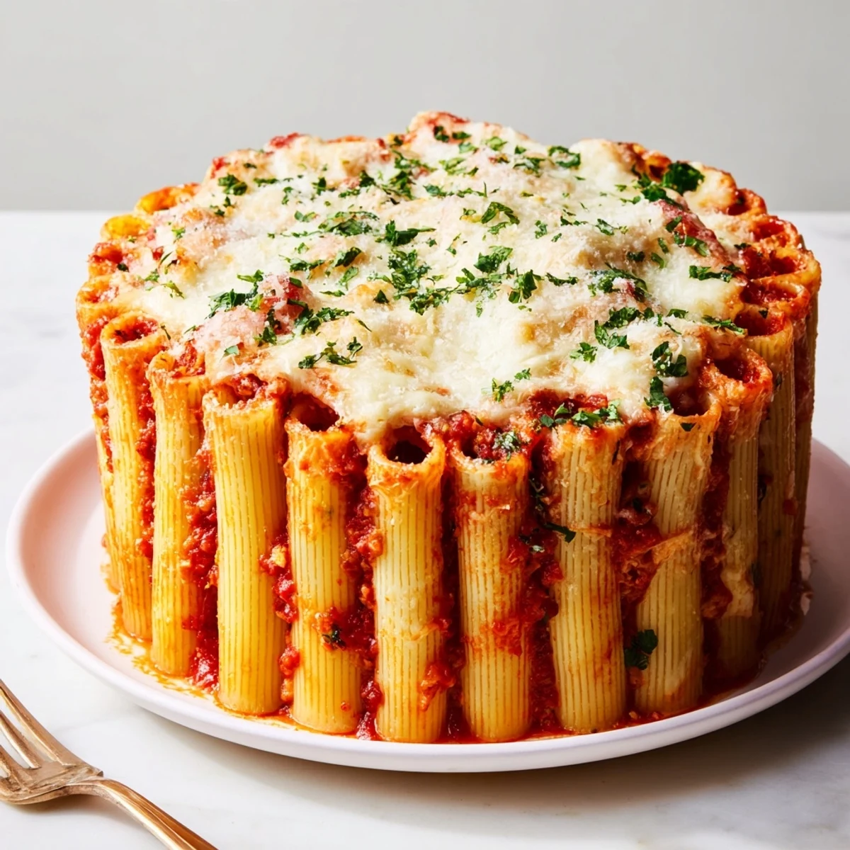 Golden-brown honeycomb pasta cake showcasing vibrant layers of tomato and cheese.  