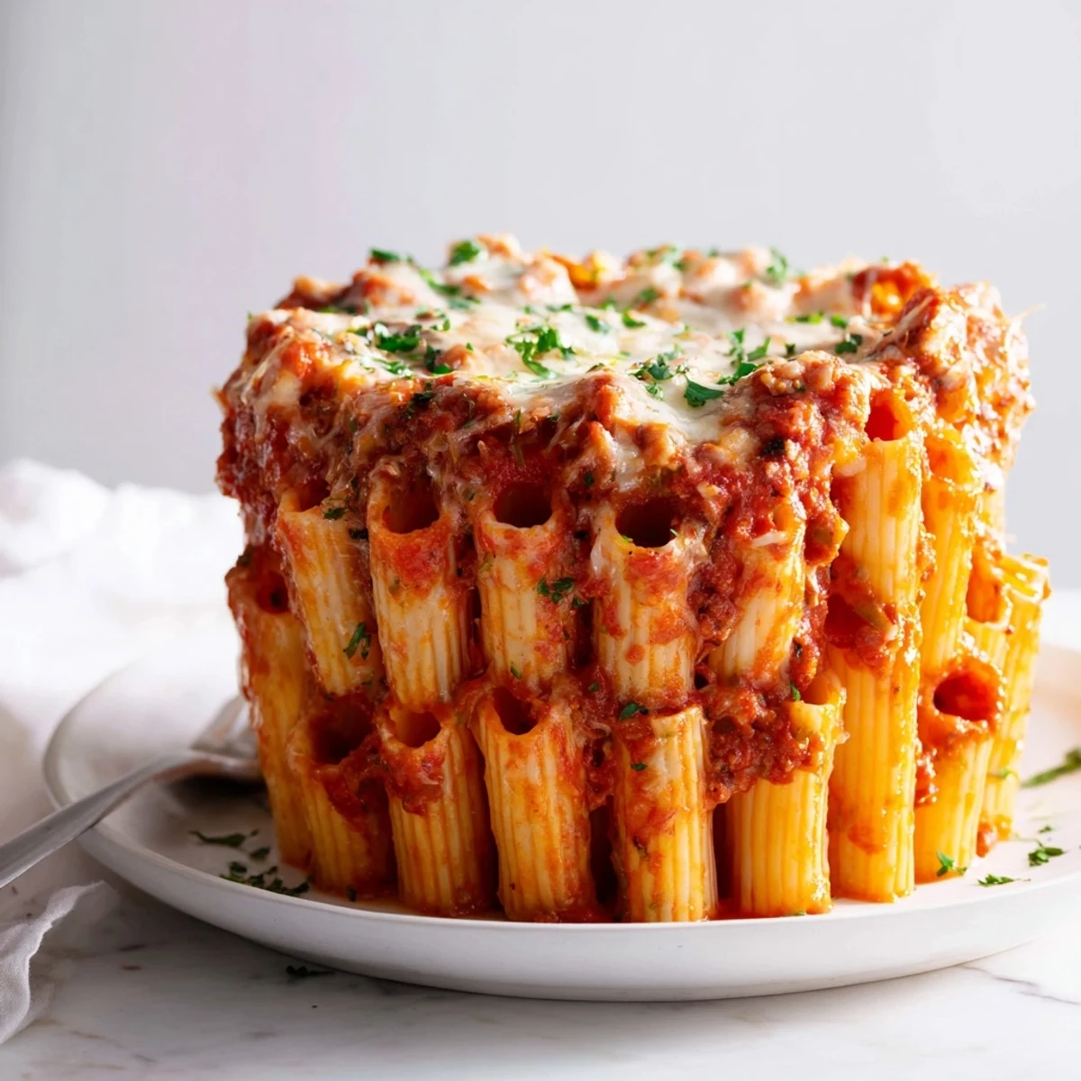 Stunning honeycomb pasta cake served with fresh parsley and crunchy greens on the side.