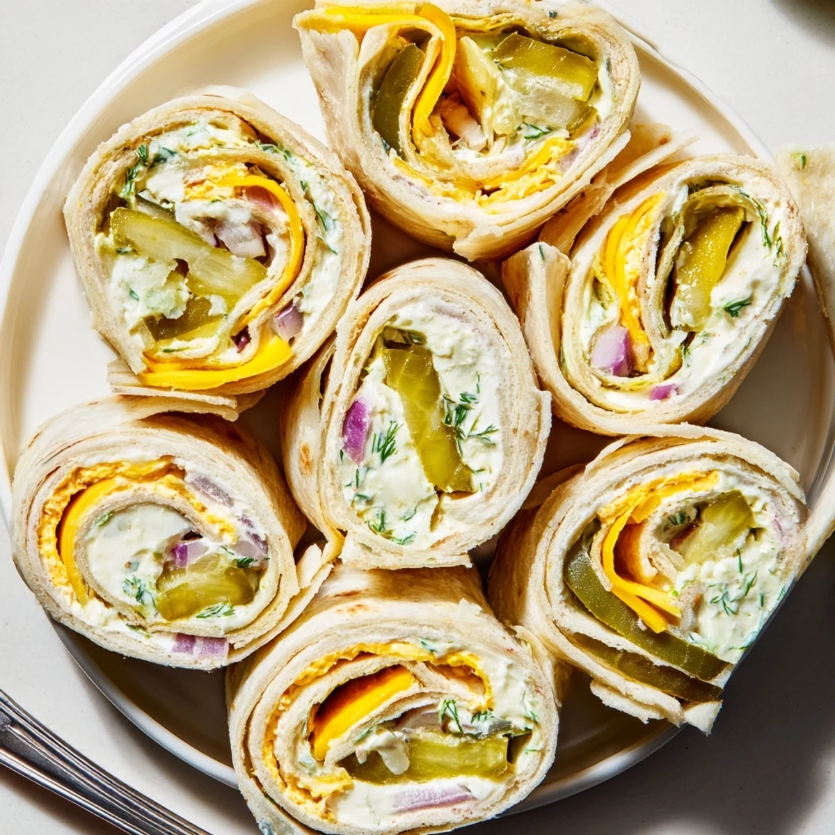 Colorful platter of Pickle-in-a-Blanket snacks, perfect for summer picnics and parties.  