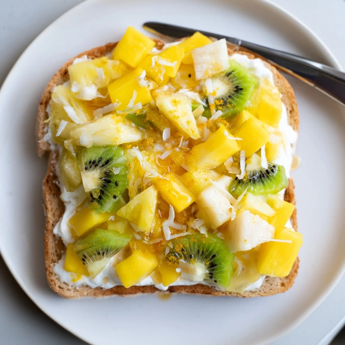 Deliciously baked Yogurt-Custard Toast 2.0, drizzled with honey and vibrant fruits.  
