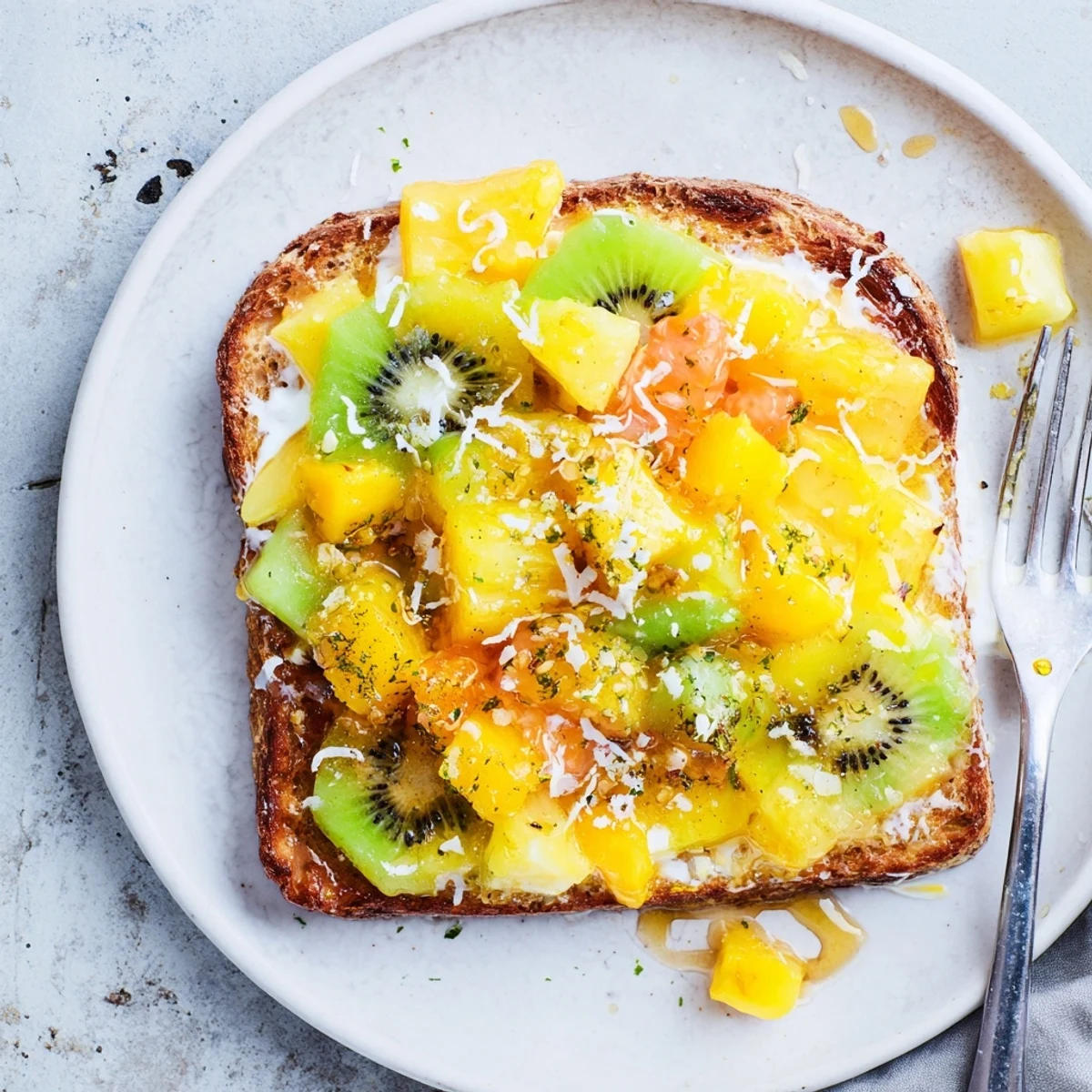 Crispy Yogurt-Custard Toast 2.0 topped with mango and kiwi for a tropical breakfast.  