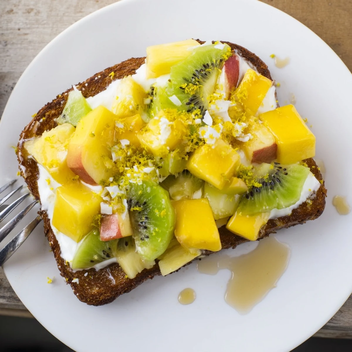 Freshly made Yogurt-Custard Toast 2.0, showcasing creamy coconut and colorful toppings.