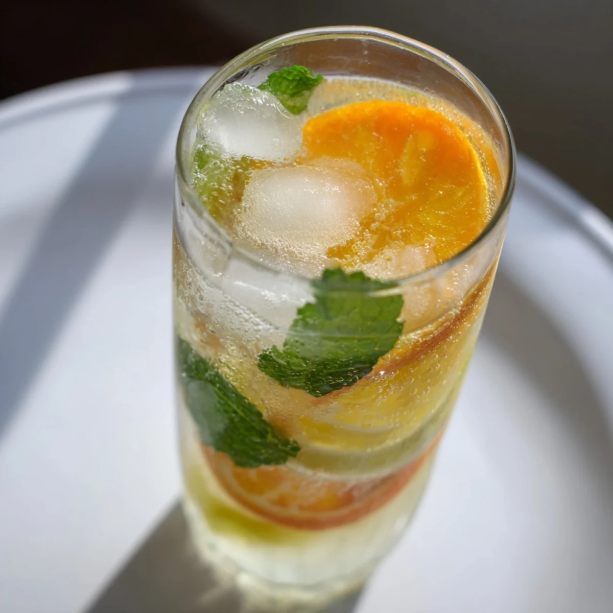 Refreshing probiotic soda mocktail garnished with orange slices and mint leaves.  