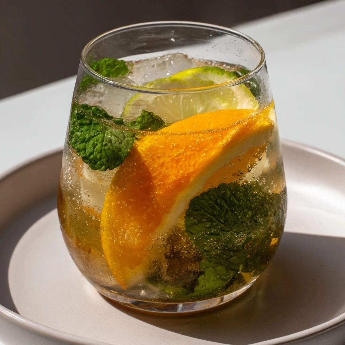 Homemade probiotic soda mocktail served over ice with citrusy flavors and fizz.  