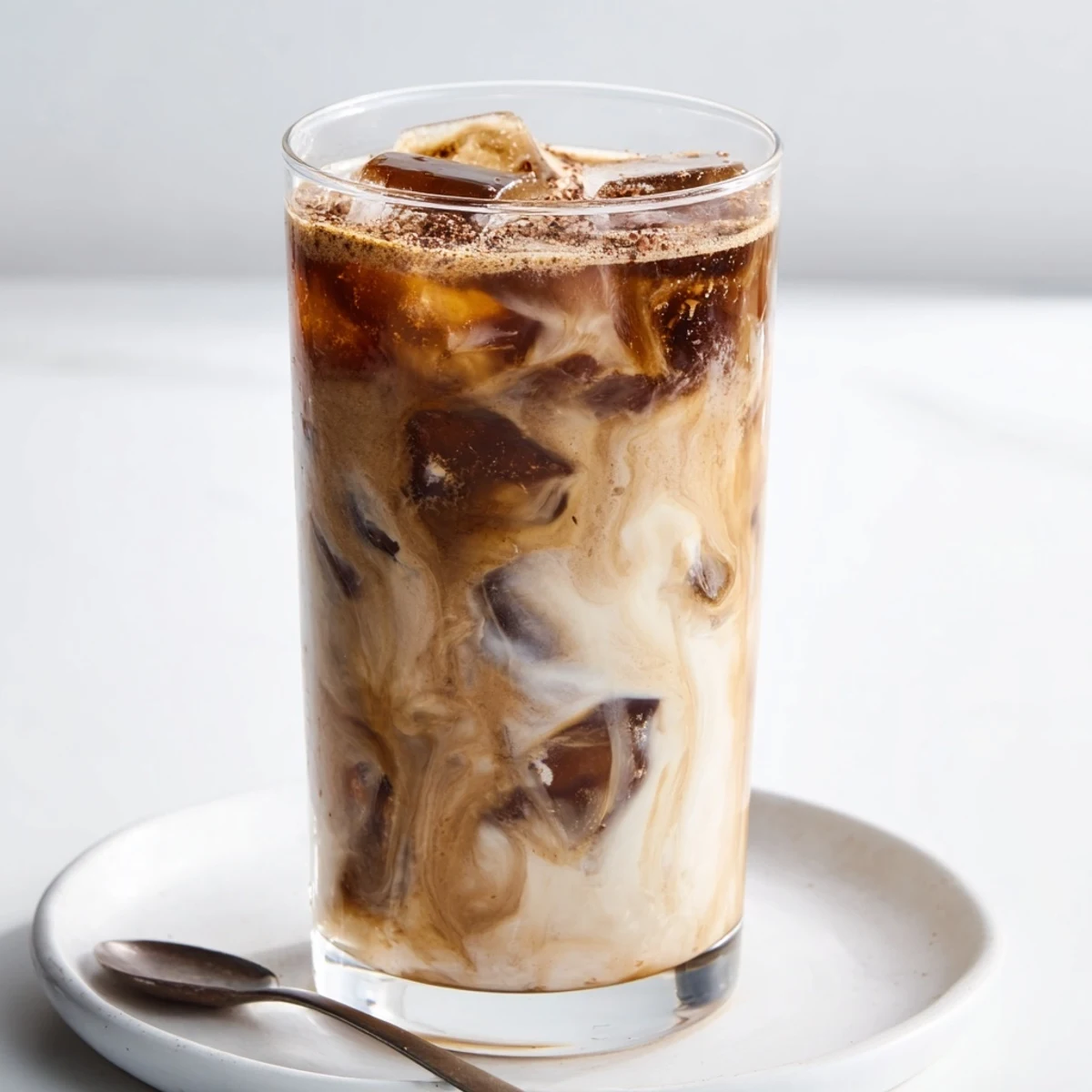 Creamy Tahini Iced Coffee topped with plant-based milk and ice cubes.  