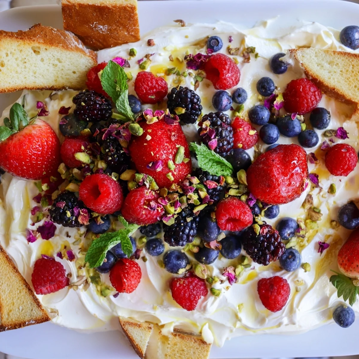 A colorful Butter Board Dessert Version with whipped cream cheese and fresh berries.  