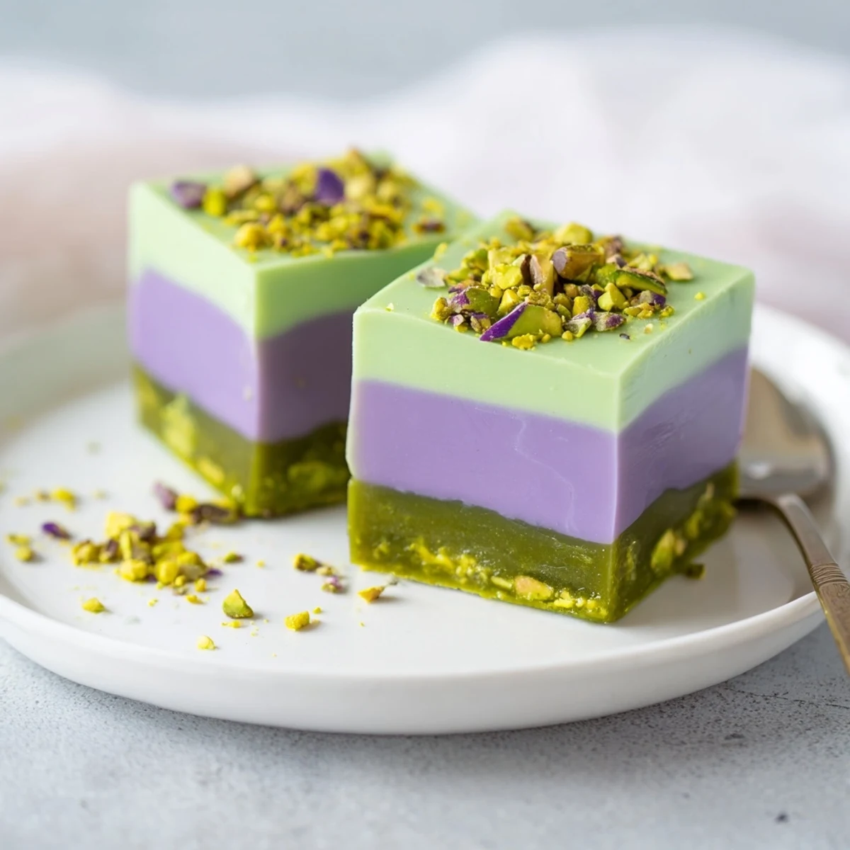 Creamy ube and pistachio ice cream bars surrounded by colorful layers for summer enjoyment.  