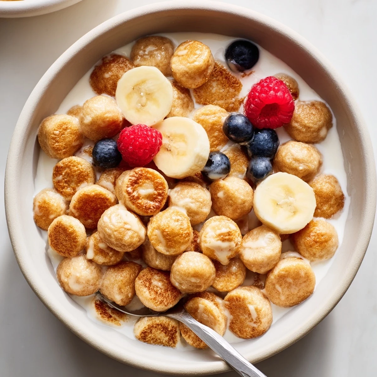 Adorable mini pancake cereal with fresh berries and maple syrup drizzled on top.  