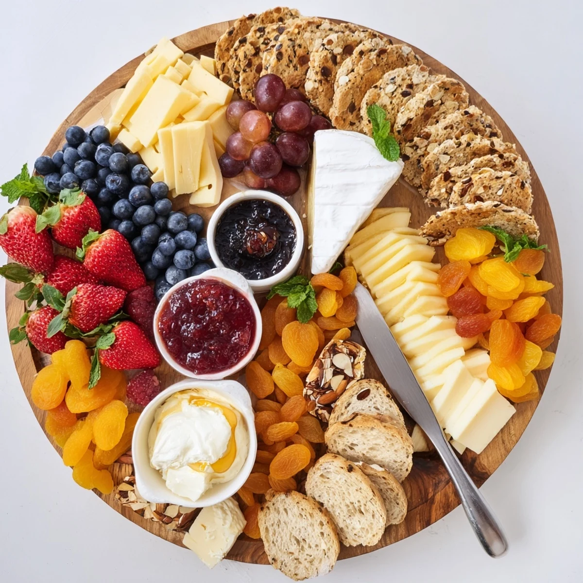 A colorful jam-infused brunch board featuring artisanal breads, fresh fruits, and creamy cheeses.
