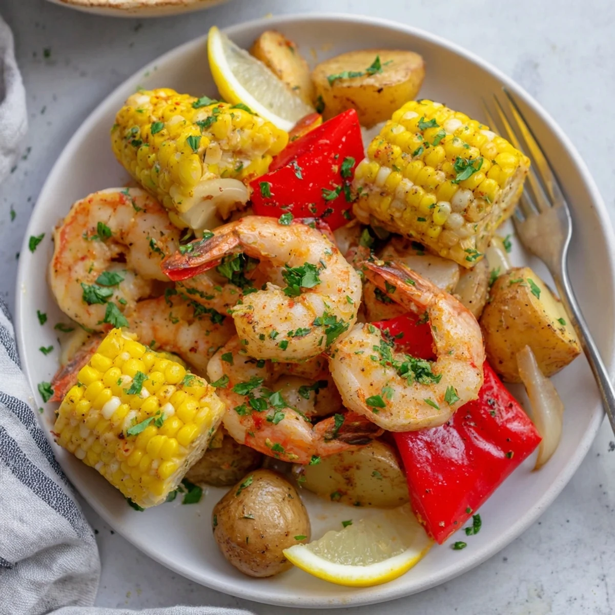 A colorful Cajun shrimp & sweet corn platter, bursting with vibrant flavors.  