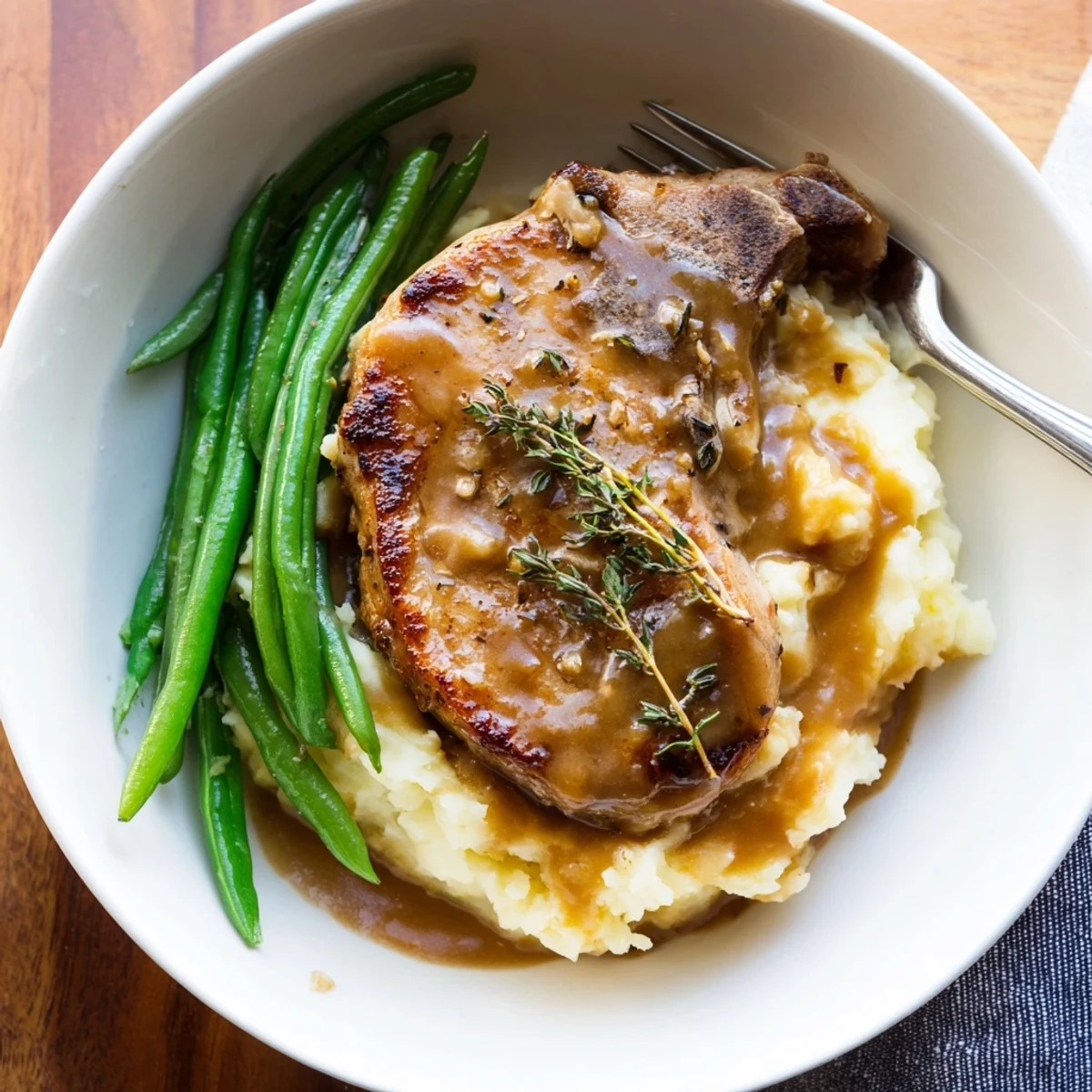 Juicy pork chops resting on creamy cheddar mash, drizzled with savory pan gravy.  