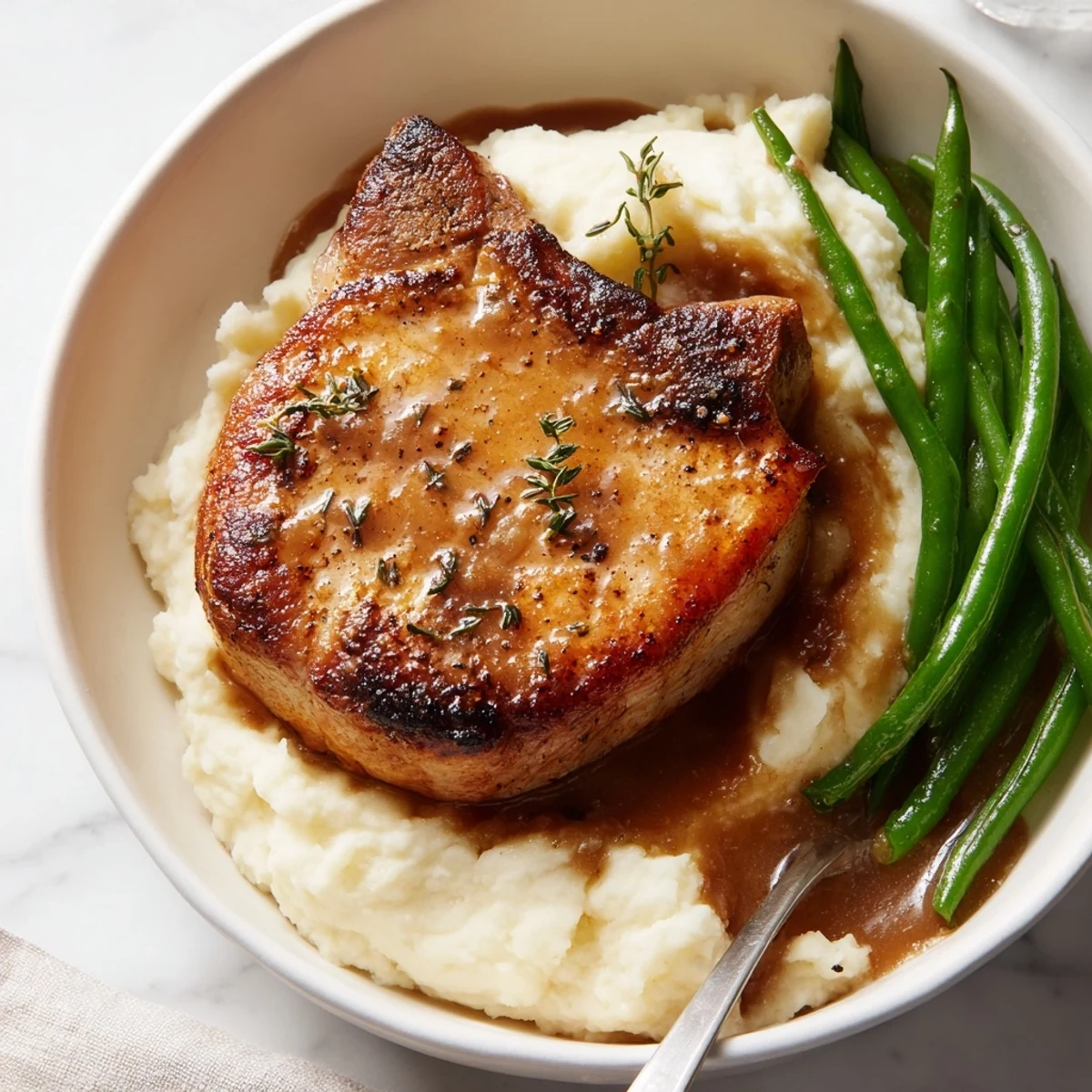 Comforting Pork Chops & Cheddar Mash Bowl topped with green beans for a delightful meal.  