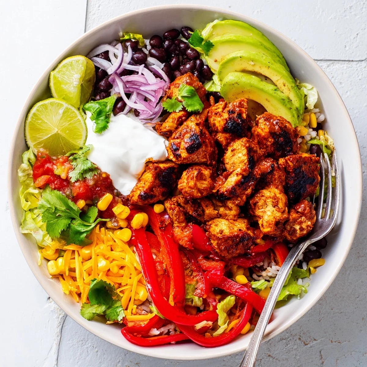 Colorful Sheet Pan Chicken Burrito Bowls with spiced chicken and roasted veggies.  