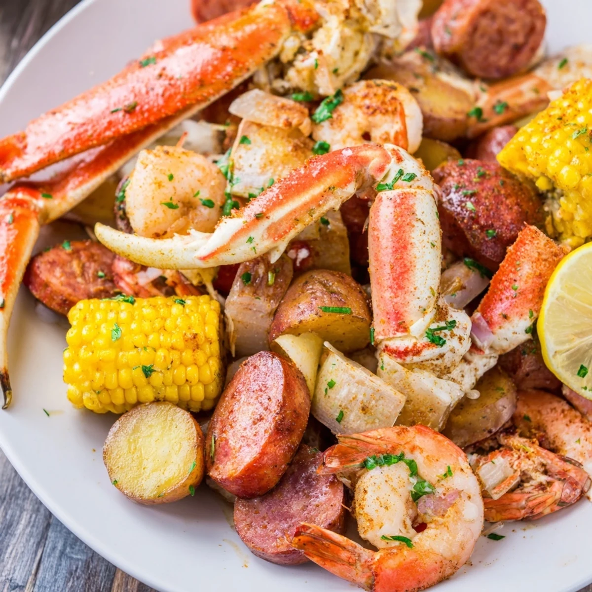 Juicy seafood boil with crab, shrimp, and sausage served with melted butter.  