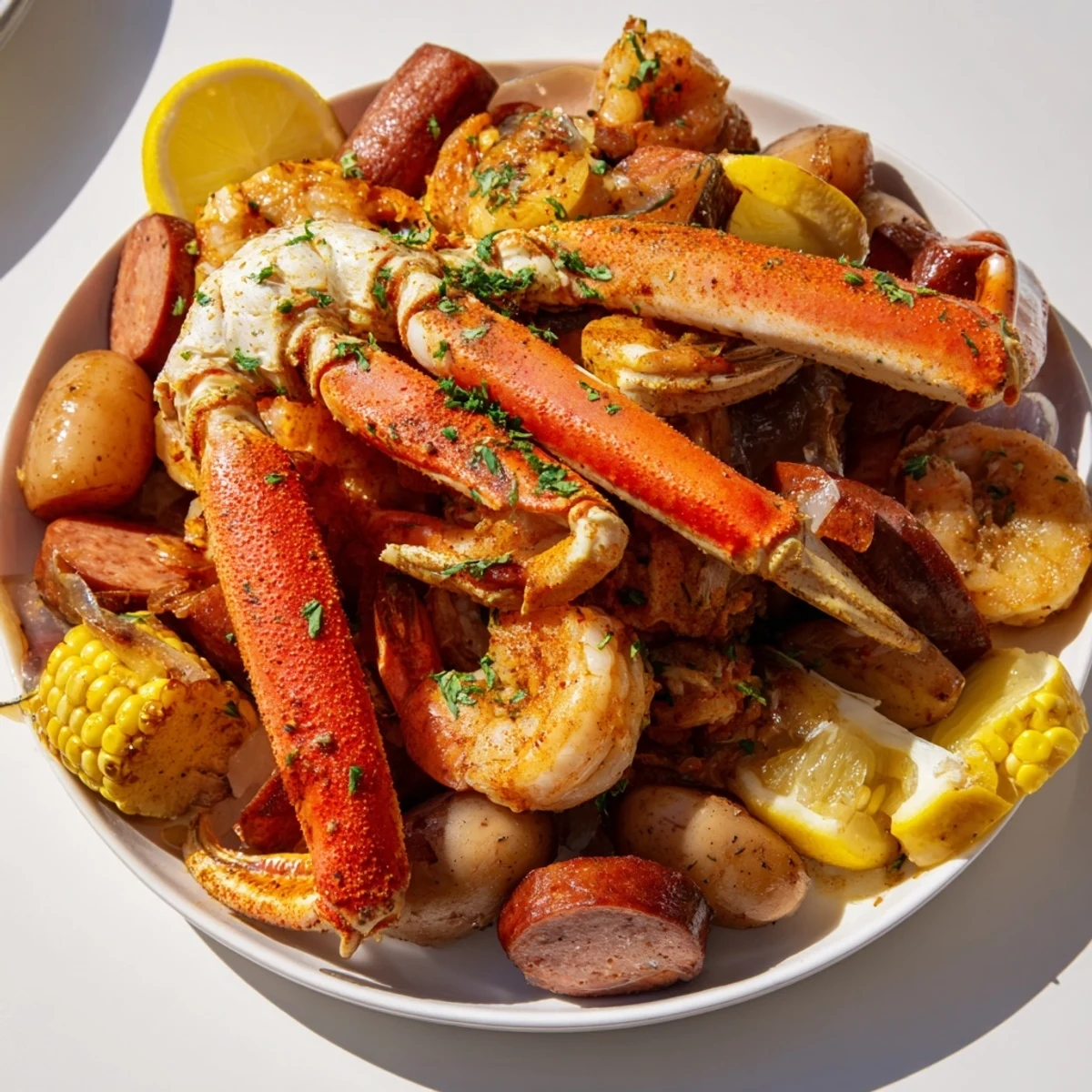 Colorful spread of seafood boil featuring crab legs and spicy sausage on a platter.  