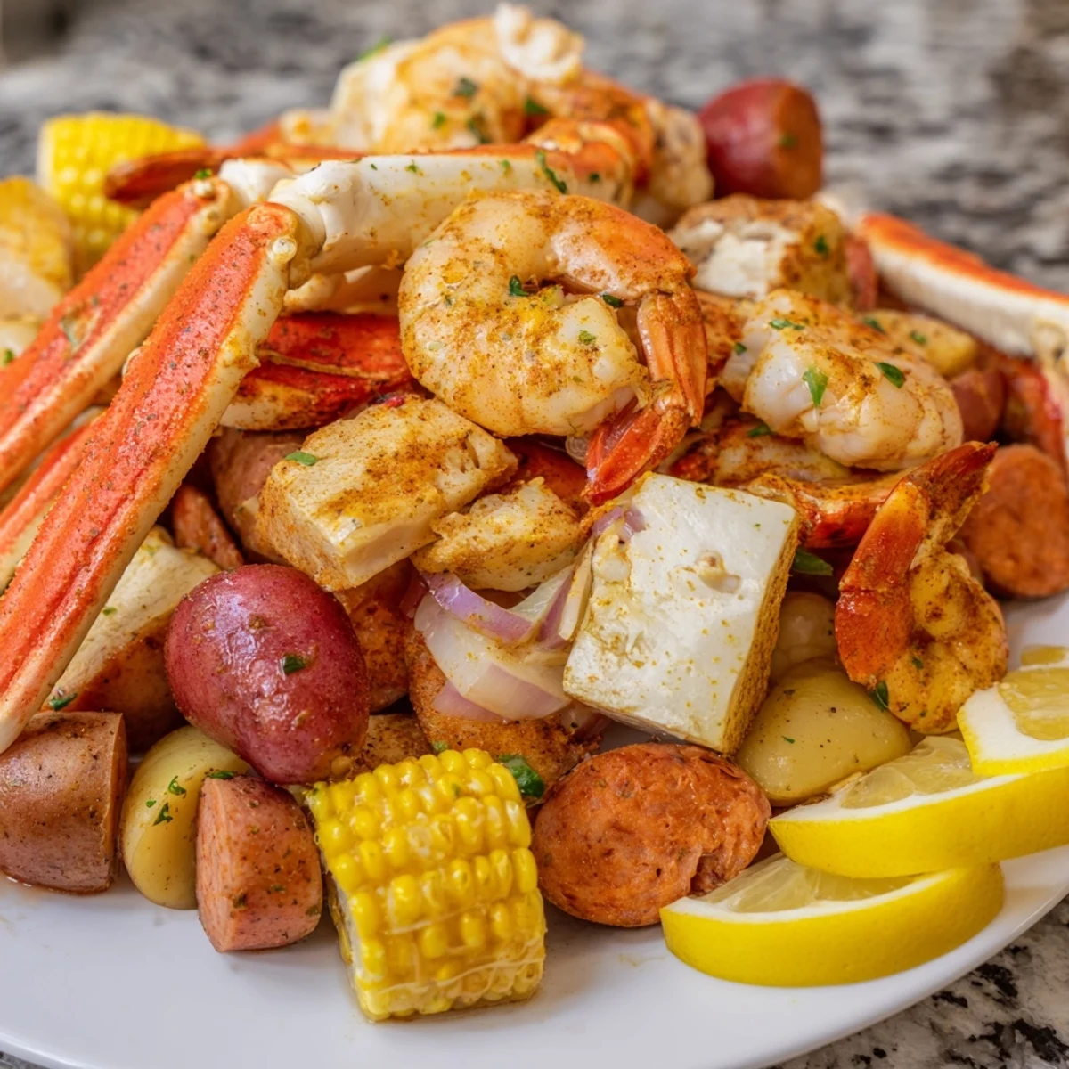 Vibrant Southern-style seafood boil, brimming with shrimp and corn, ready to share.