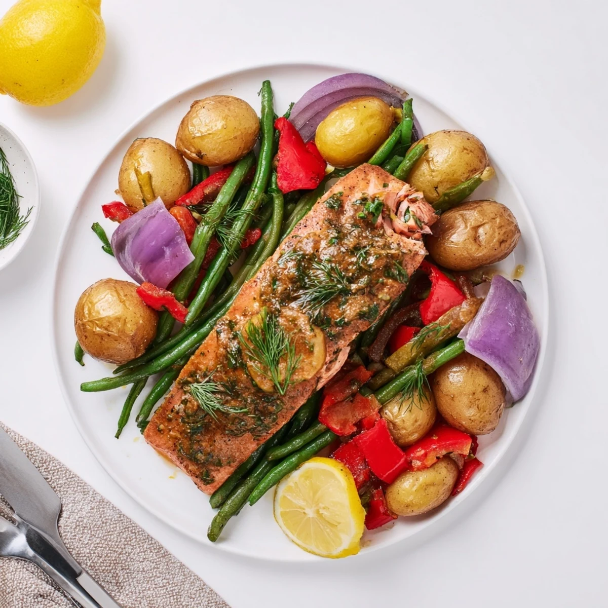 Bright lemon herb salmon & potato sheet pan dish, perfect for healthy weeknight meals.  