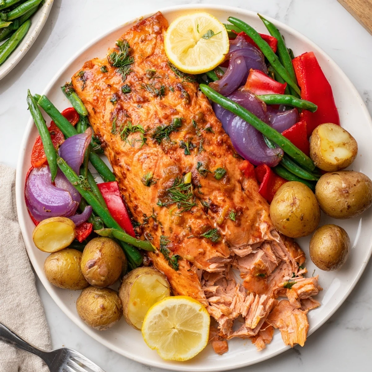 Crispy potatoes and fragrant salmon fillets on a colorful sheet pan, ready to serve.
