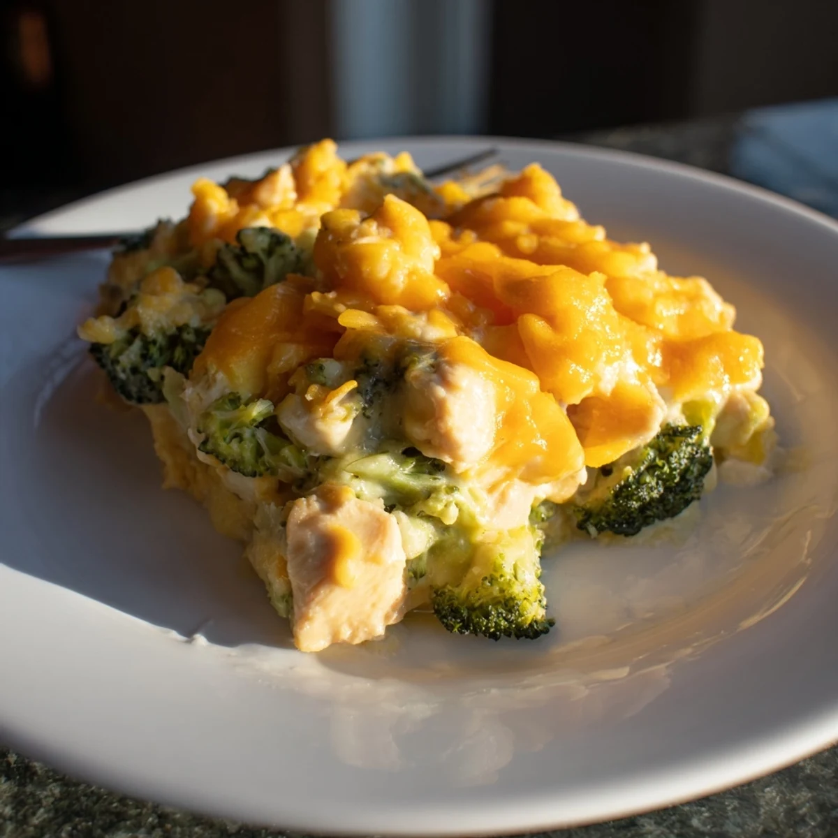 Creamy Chicken & Broccoli Cheddar Bake topped with crispy golden panko breadcrumbs.  