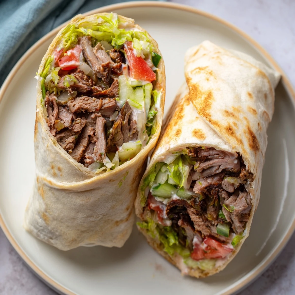 Juicy Beef Shawarma Wraps drizzled with creamy yogurt sauce and fresh veggies.  