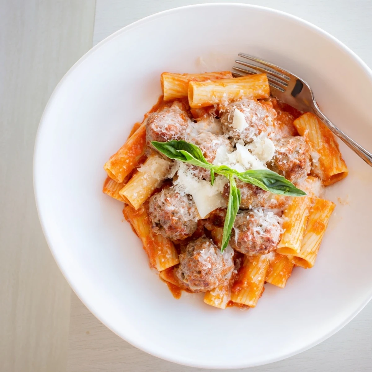 Delicious Italian Meatball Pasta Skillet topped with gooey melted cheese and fresh basil.  