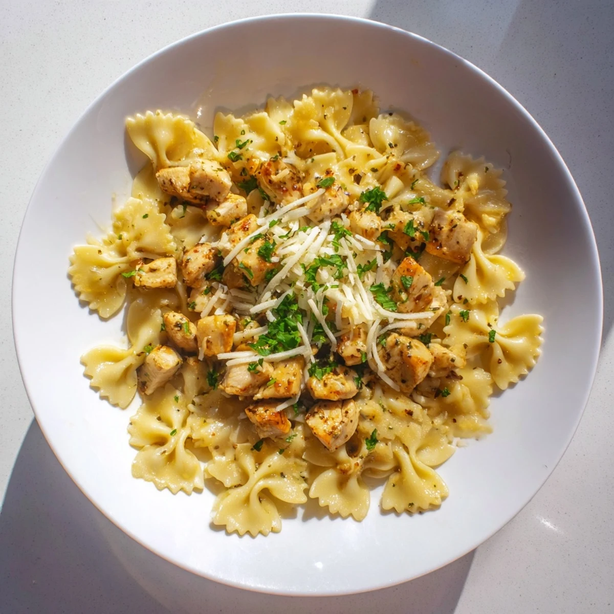 Golden-brown mozzarella melts over flavorful Mozzarella Garlic Butter Chicken Bowties, a creamy and delicious pasta dish.